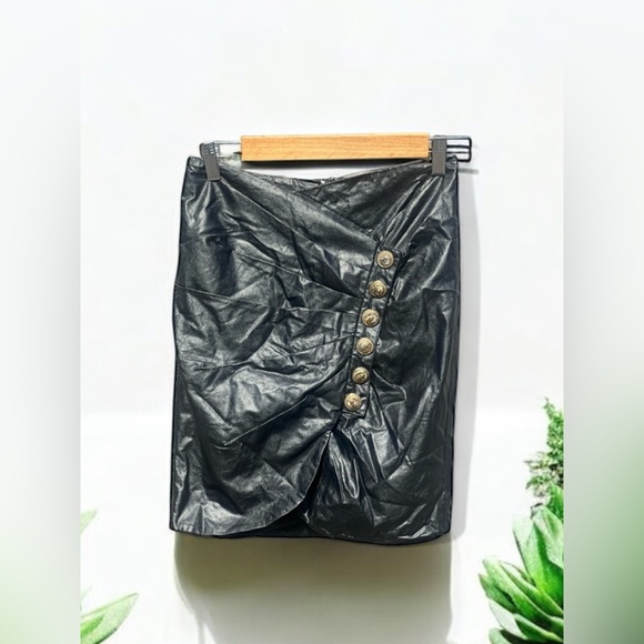 Mable Black faux Leather Button detail Skirt - Picture 2 of 10